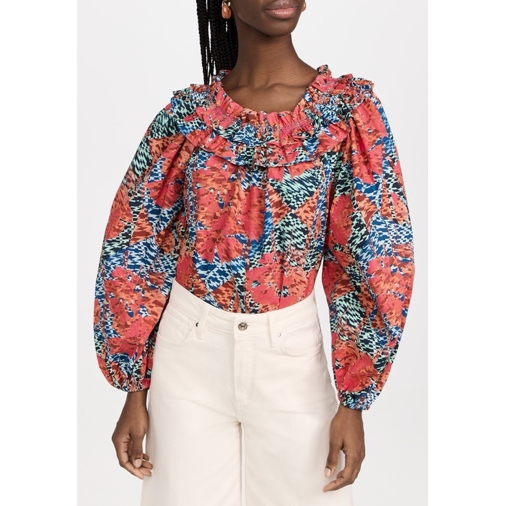 Ulla Johnson Olga Blouse Flamingo Pink Blue Floral Print Ruffle Boho Sz 00